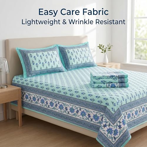 Image of Mafatlal 144 TC Heritage Queen Size Flat Bedsheet for Double Bed (90 x 100 Inches)| with 2 Pillow Covers | Soft & Smooth Printed Bedsheet for Daily Use | Glacier Blue