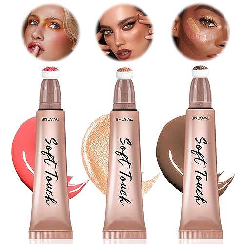 Varita de Belleza Líquida para Contorno, Liquid Blush Highlighter, Contorno Maquillaje Liquido, Iluminadores de Maquillaje Liquido， Blush Líquido para Mejillas con Aplicador, Rubor+Iluminador+Sombra