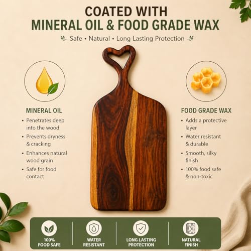 Image of Handcrafted Wooden Chopping Board for Kitchen | Cutting Board & Serving Platter | Food Safe Wooden Board for Vegetables, Fruits, Cheese & Bread | Multiple Designs (Heart Handle, Sheesham Wood)