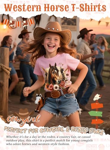 Image of Girls Western Horse T-Shirts - Cute Cowgirl Outfit Kids Short Sleeve Shirts Funny Tops Rodeo Toddler Summer Tee