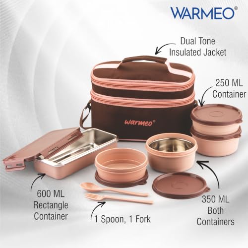 Image of WARMEO Micro Meal Microwave Safe Lunch Box | 1 Rectangular Container 600ml + 2 Round Containers 350ml Each + 2 Round Container 250ml Each + 1 Spoon + 1 Fork,Stylish Durable Jacket,Office,School,Brown