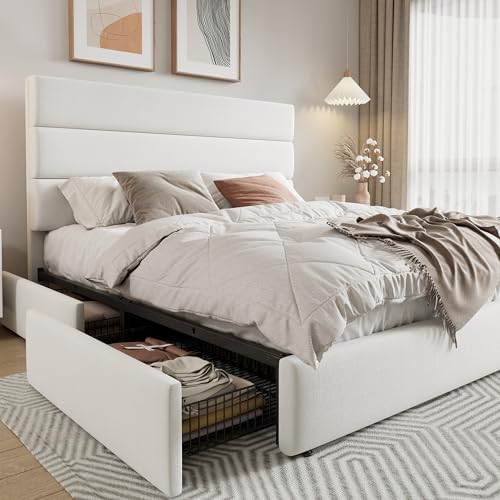 Allewie Modern Queen Size Platform Bed Frame with 4 Storage Drawers and Velvet Upholstered Headboard, Wooden Slats Support, Upholstered Mattress Foundation/No Box Spring Needed/Easy Assembly, White