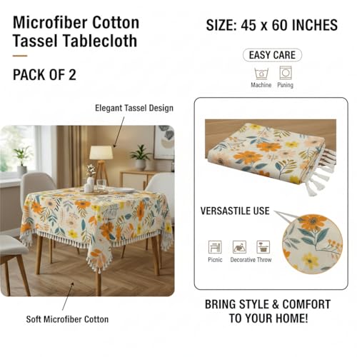 Image of RRC Microfiber Cotton Table Cloth Pack of 2 for 4 Seater Dining Table, 45 x 60 Inch Rectangular Printed Table Cover with Tassels, Washable, Durable & Fade Resistant