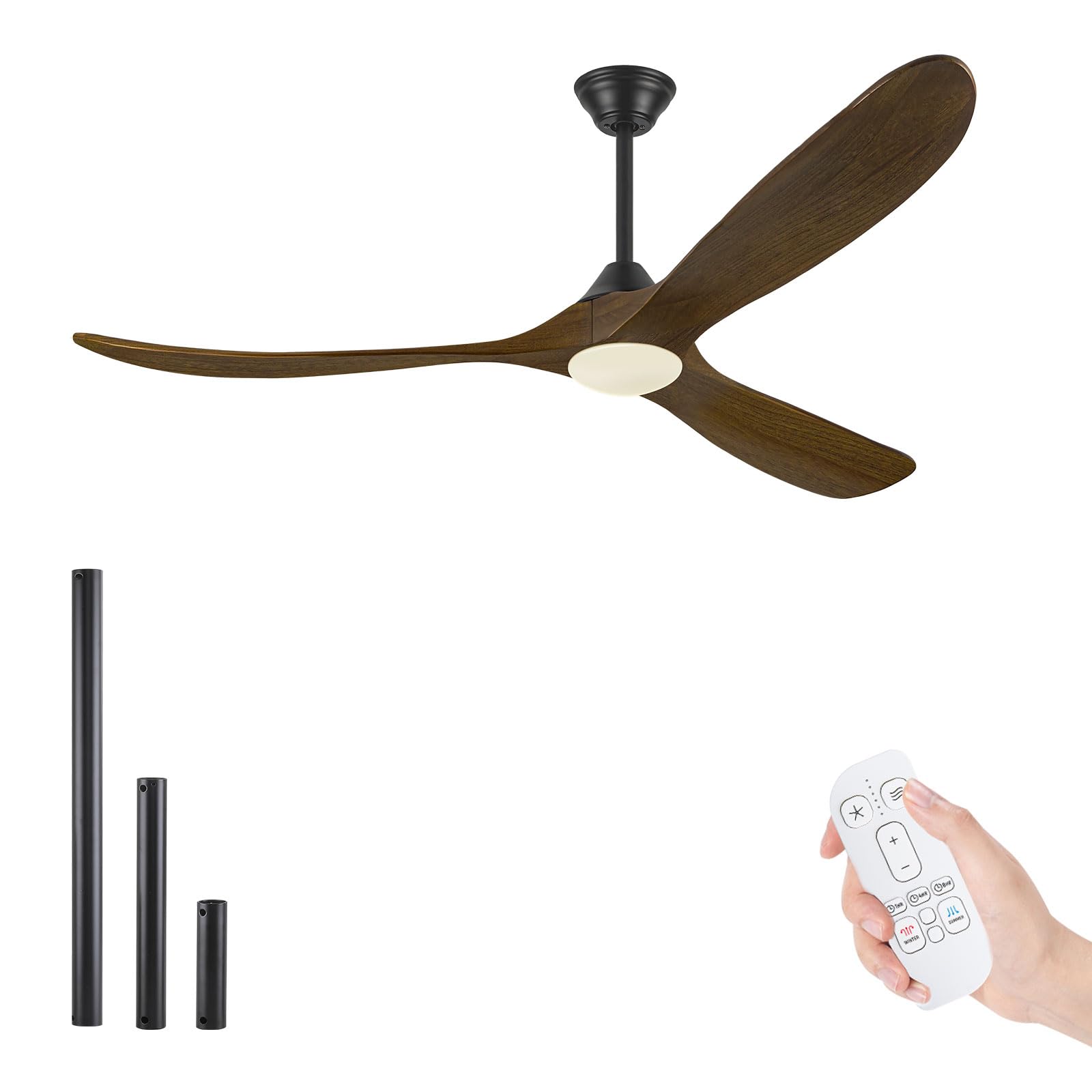 Ventilador de techo de madera rústica de 152 cm con luz y mando a distancia, ventilador de techo con motor de corriente continua reversible, ventilador de techo de interior y exterior