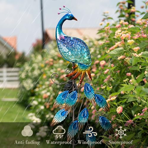 Teresa'S Collections Garden Decor Blue Peacock With Solar Outdoor Lights, 40 Inch Glass Yard Art For Outside thumb #6
