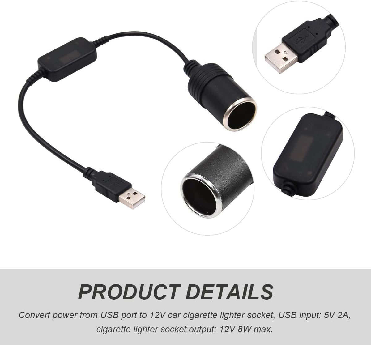 2 PCS USB to Cigarette Lighter Adapter, 1 Ft USB A Male to 12V Car Cigarette Lighter Socket Female Cable, Power Converter Cable for Dash Cam GPS Radar Detector LED Light Strips