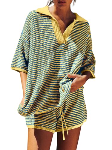Image of Tankaneo Womens Sweater Set 2 Piece Outfits Oversized 3 /4 Sleeve V Neck Knit Tops High Waisted Shorts Lounge Sets
