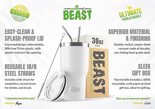 Image of Beast 30 oz White Tumbler Stainless Steel Insulated Coffee Cup with Lid, 2 Straws, Brush & Gift Box by Greens Steel (30 oz, Arctic White)