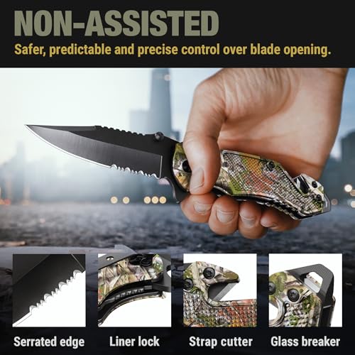 Image of GOOD WORKER Legal Pocket Knife with 2.95 inch Serrated Blade, Glass Breaker, Seat Belt Cutter - EDC Sharp Folding Knives with Portable Clip - Small Tool for Tactical Camping Survival Hiking - Gifts for Men, Women