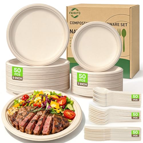 FEHHTO Compostable Paper Plates Set, 250PCS Disposable Heavy-Duty Sugarcane Plate and Eco-Friendly Utensil Biodegradable Dinnerware Plates, Extra Long Forks & Knives & Spoons for Party