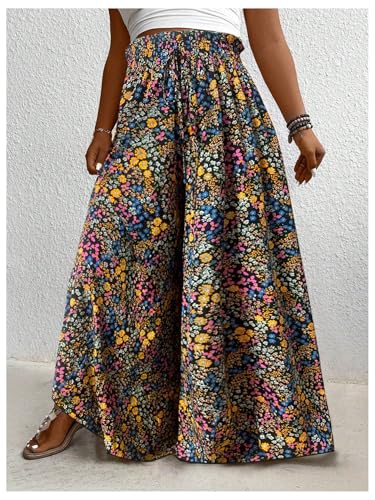 Women's Plus Size Floral Baggy Pants Boho Drawstring Wide Leg Flowy Vacation Palazzo Pants2