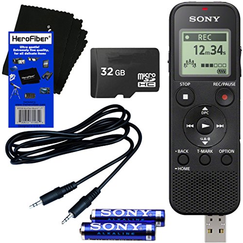Sony ICD-PX370 Mono Digital Voice Recorder with Built-in 4GB & Direct USB + 32GB Micro SDHC Memory Card + Auxiliary Cable + AAA Batteries + HeroFiber® Ultra Gentle Cleaning Cloth