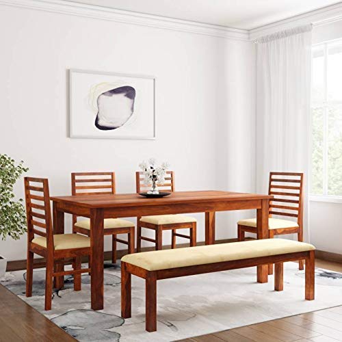 Image of Wooden Dining Table 6 Seater / 6 Seater Dining Set with Chairs & 1 Bench for Dining Room