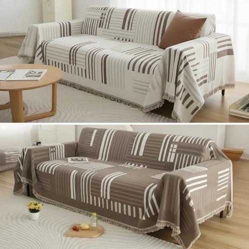 Image of The Furnishing Tree Reversible Double Sided Chenille Throw Sofa Cover, Anti-Slip Couch Cover, Comfy Sofa Towel for All Seasons, 3 Seater, Minimalist and Geometric Pattern Light Brown