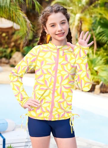 Image of BesserBay Girls Rash Guard UPF 50+ Zip Up Raglan Long Sleeve Adjustable Drawstring Swim UV Jacket 4-14 Years