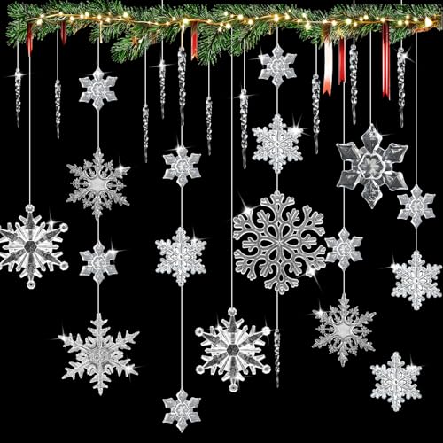 GETRICH 42 Piezas Adornos de Copos de Nieve de Cristal, 20 Piezas Copos de Nieve Decoracion Navidad con 20 Piezas Acrílico Carámbanos y 2 Rollos Hilo Elástico Transparente para Árbol de Navidad
