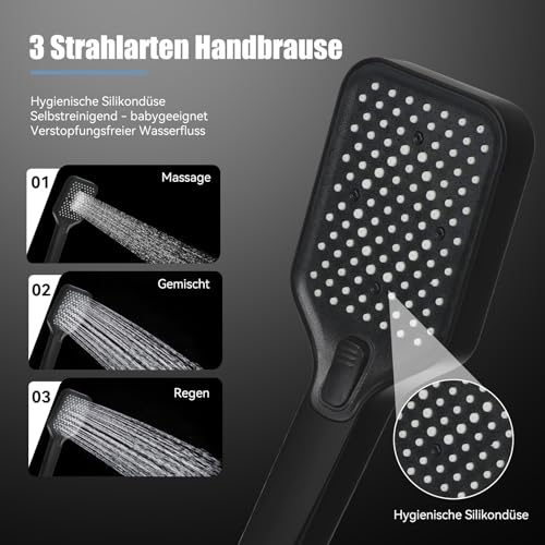 Duschsystem, 4 Strahlarten, Regendusche, Handbrause, Duscharmatur, Wasserhahn, Duschset mit LED-Digitalanzeige, höhenverstellbar, Edelstahl, schwarz