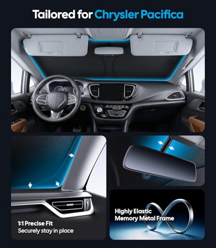 Image of Wigoo for Chrysler Pacifica Windshield Sunshade [OEM Design, 100% Sun Blockage] Foldable Heat Insulation Sun Shade with Storage Bag, for Chrysler Pacifica (2017-2026), Silver Coating