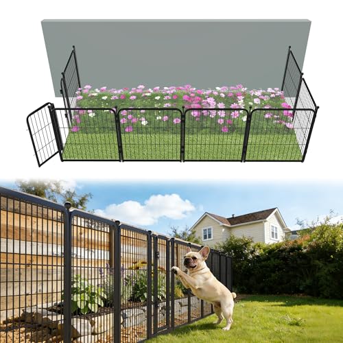 FXW Garden Fence Outdoor for the Yard – 24in(H) x 15.2ft(L) Heavy Duty Metal Animal Barrier for Dog, No Dig Decorative Dog Fence, 8 Panels, Black