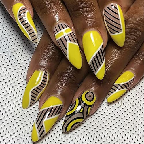 Medium Press on Nails with Designs Almond Shaped Fake Nails Yellow Geometric Black Line False Nails Full Cover Stick on Nails Acrylic Nails for Women and Girls Manicure DIY, 24 Pcs