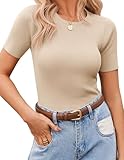 Zeagoo Business Casual Tops for Women Slim Fit Tshirt Crewneck Ribbed Knit Short Sleeve Summer Tee Work Shirt Beige