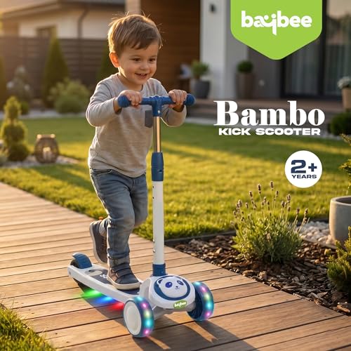 Image of Baybee Bambo Skate Scooter for Kids | 3 Wheel Kick Scooter with LED Wheels & Deck Lights with Music | 3 Height Adjustable Handle & Brake | Foldable Scooter for Kids 2 to 10 Years (Sky Blue)