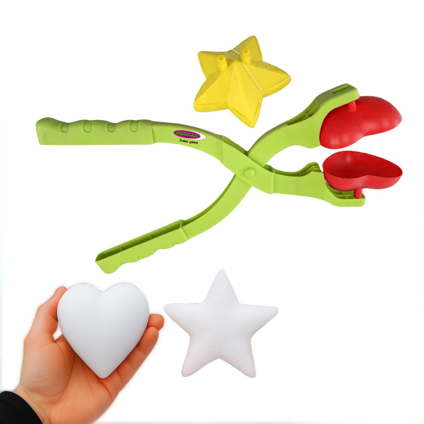 JAMARA 461163 Snow Play Schneeballzange Herz und Stern 2in1 - Kinder Schneeball Snow Zange, Ice Zange, Schneekugel Maker, Geschenkidee Kids, Formen wechseln, Schlagzäher Kunststoff