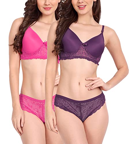 Image of FIMS - Fashion is my style Women Cotton Floral Lace Padded, Non-Wired, Full Coverage, Seamless Bra Panty Set, Multicolor, Lingerie Set