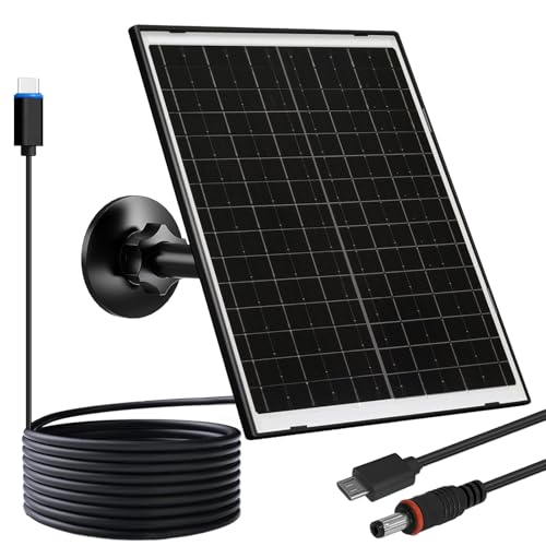 FUTUREZEN 10W Solar Panel for Security Camera Trail Camera Type-C Device Solar Charger with USB-C Micro USB & DC 5.5x2.1mm Port IP66 Waterproof Adjustable Mount 7.2FT Cable