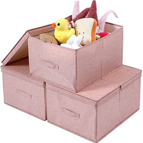 Image of FIHAP Collapsible Storage Bins with Lids for Clothes, Sturdy Fabric Storage Cubes Container, Foldable Closet Organizer, Stackable Box for Bedroom Sheets Blankets Toys, 3 Pack, Pink