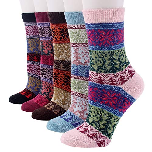 Image of Women Winter Socks 5 Packs Wool Socks Gifts for Mom Warm Vintage Soft Christmas Socks Thick Cold Knit Crew Socks