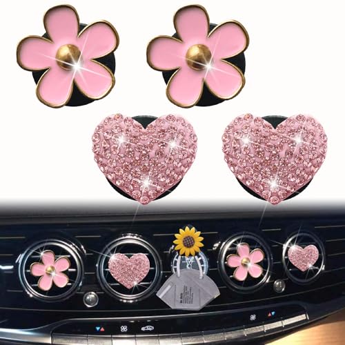 Image of 4 Pcs Pink Heart & Flower Pandent Air Vent Clips,Bling Heart and Flower Air Fresheners Vents Clips Diamond Car Interior Decor Bling Cute Car Accessories Decoration for Women+ Sunflower Mask Hook