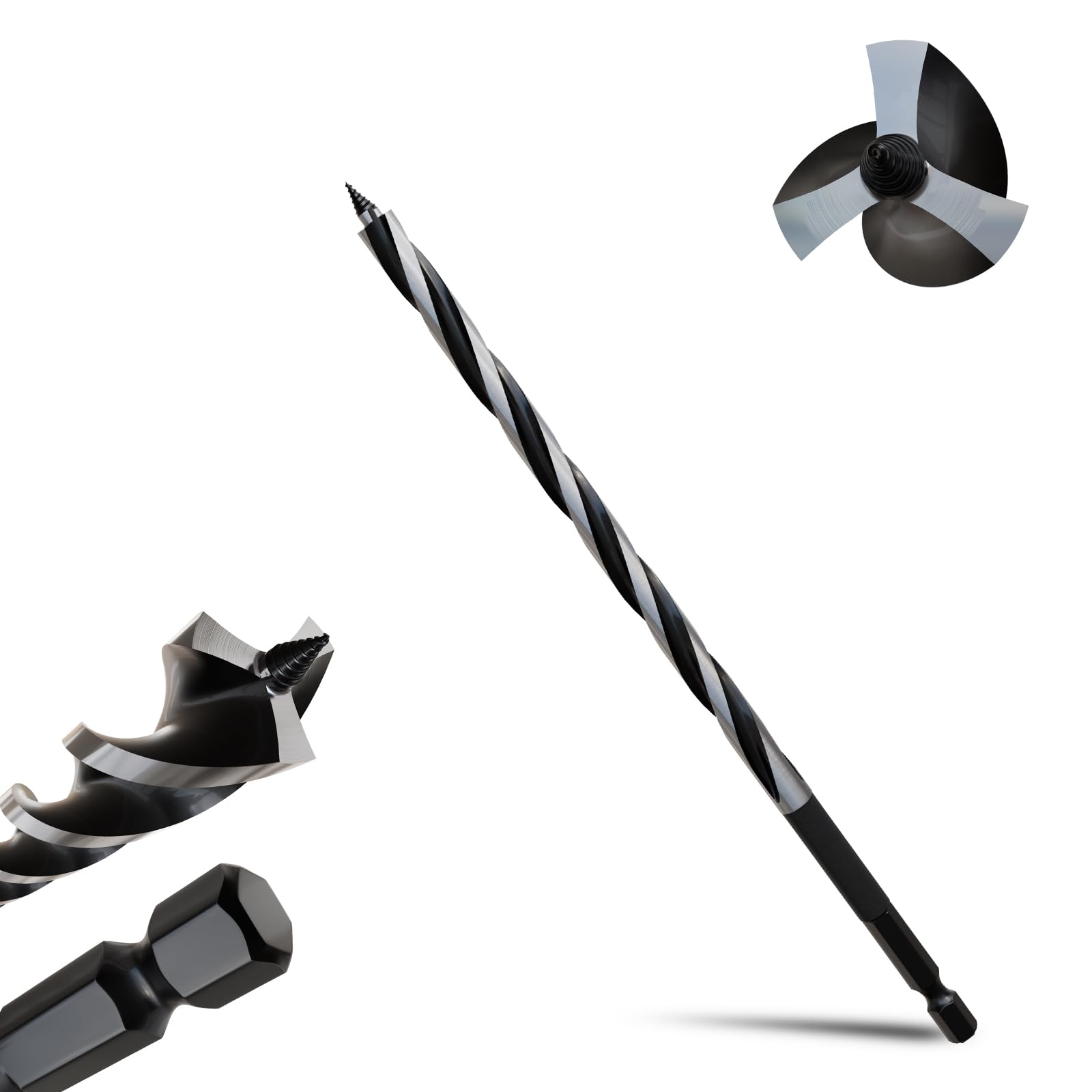 METOTY 8mmx230mm Auger Drill Bit Extra Long Drill Bits，6.35mm Hex Shank for Wood with Quick Change - 3-Cutter Design with Dual-Flute for Fast Chip Removal, Fits Hardwood, Softwood, PVC, Drywall — image 1