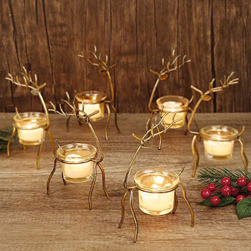 GUOOU 6 Pack Metal Reindeer Tea Light Candle Holders, Glass Votive Candle Holders, Christmas Metal Candle Holder, Christmas Table Decorations for Home