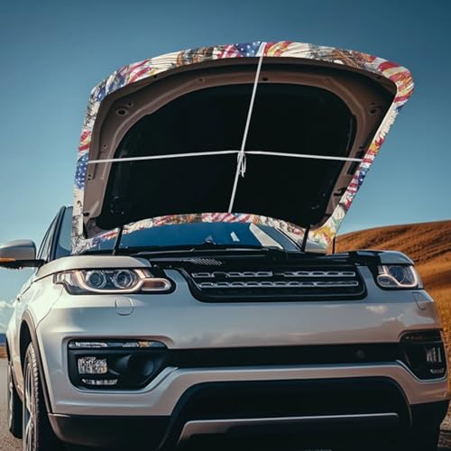 Image of Car Hood Cover Protector Stretchable Horse and American Flag Car Hood Wraps Auto Banner Auto Decorative Accessories for Compact Sedans SUV Trucks (59x39 Inch)