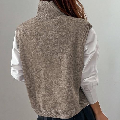 Women High Neck Sleeveless Knit Crop Sweater Vest Casual Loose Fit High Low Hem Turtleneck Knitted Pullover Vest2