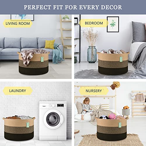 Image of Large Cotton Rope Blanket Basket, 87L Laundry Hamper, Brown & Black