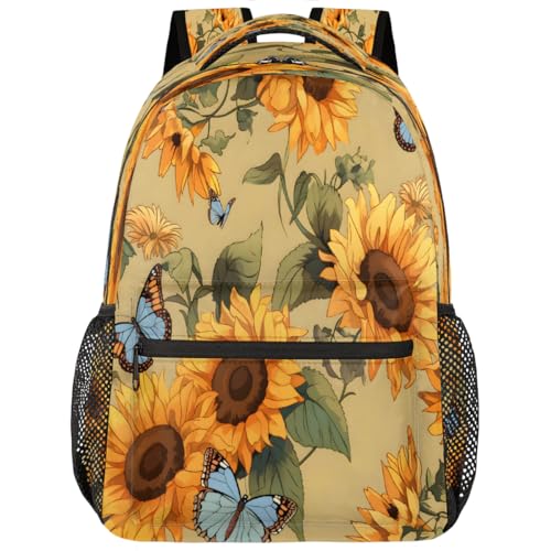 Entemne Mochila escolar para niños y niñas, girasoles, mariposa, mochila grande para escuela primaria, secundaria, impermeable, ligera, para adolescentes, viajes, senderismo