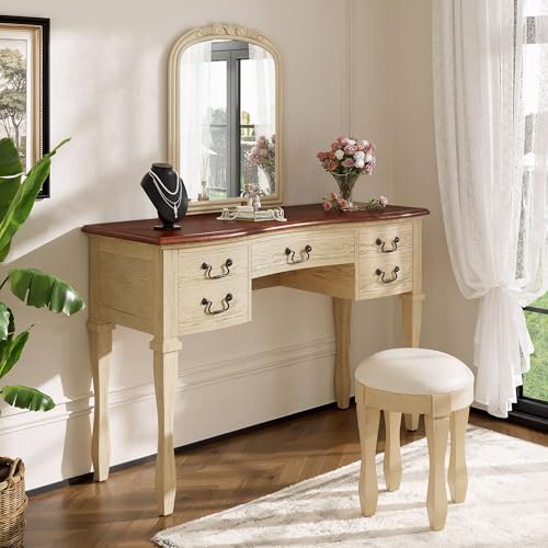 Image of JIVOIT 46 inch Vintage Makeup Vanity Table with Leather Stool, Vanity Desk with Curved Flower Frame Mirror, Dressing Table with 5 Drawers and Antique Handles, Easy Assembly