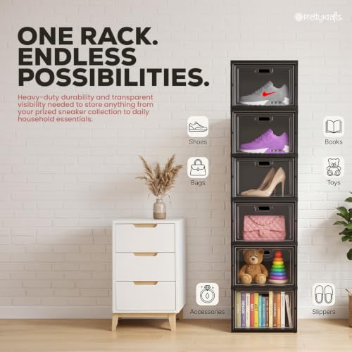 Image of PrettyKrafts 6-Tier Collapsible Shoe Rack with Door | Heavy Duty Plastic Sneaker Crates | Transparent Shoe Boxes | Sneaker Shoe Stand | Organiser for Heels, Boots, Loafers, Slippers,Black