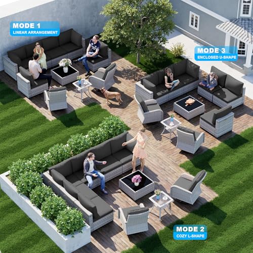 Image of Outdoor PE Wicker Rattan Modular Patio Sectional Sofa Set | 10-Piece: 6 Modular Seats, Coffee Table, 2 Swivel Rocking Chairs & Side Table, Black