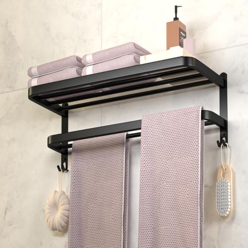 DDS-Dudes Toallero Negro para toallero de baño con Doble toallero, Soporte de Pared para Lavabo con Ganchos, Estante de baño de Hotel de Acero Inoxidable (Negro Mate, 15 Pulgadas)