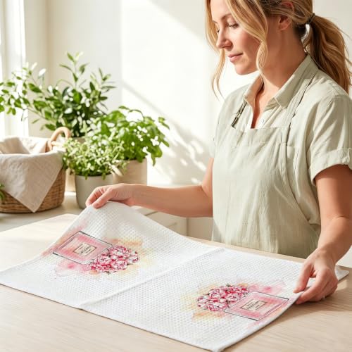 Image of 2 Pcs Pink Hand Towels, Perfume Flower Decor Reusable Dish Towels | Fashion Gifts for Women Girls Mom Friend, Waffle Weave Microfiber Towels for Bathroom Home Decor 24x14 Inch