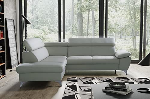 VENESETTI Canapé d'angle Convertible en Cuir Italien de Luxe 5/6 Places Warren II, avec Coffre, Gris Clair, Angle Gauche
