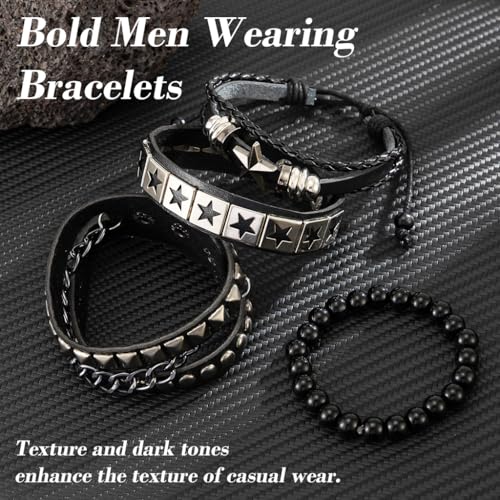Image of GUSTAVE Bracelet for Man Punk Rock Studded Bracelets Black Leather Cuff Bracelet for Men Women Adjustable Goth Bracelets 80s Retro Style Wristband Halloween Party Accessories
