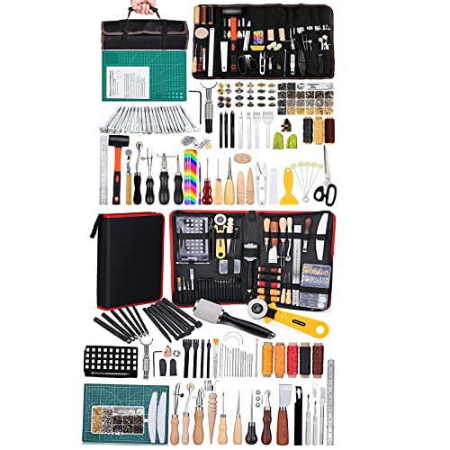Leather Tooling Kit, Leather Kit With Manual, Leather Working Tools And Supplies, Leather Stamp Tools, Stitching Groover And Rivets Kit Suitable For Beginners To Professionals #TOP26