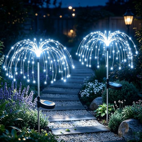 Solarlampen für Außen - XRR 2 Stück 120led Solar Feuerwerk Licht 2 Beleuchtungs modi Wasserdicht LED Solarleuchten Garten für Gehweg Weg Weihnachtsdekoration Partys (Kaltes Weiß)