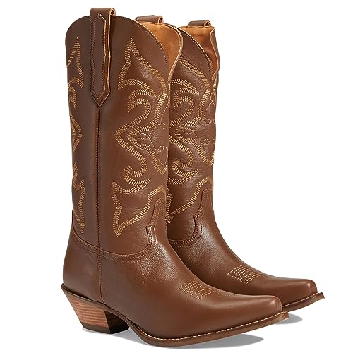 Image of LEHOOR Cowboy Boots Women Embroidered Mid Calf Western Boots Stacked Low Heel Pointed Toe Pull On Cowgirl Boot 4-11 M US