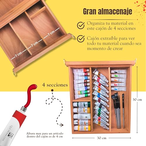 QUE MONA LISA Caballete mesa plegable profesional GAUGUIN con cajon. Incluye pinceles y paleta de pintura. Ajustable para lienzos grandes y pequeños. Maletin Madera de Haya. Adultos, niños - imagen 3