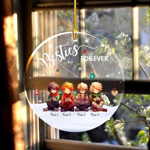 Besties is Forever Clear Plastic Ornaments, Christmas Decorations Personalized Name Four Boys Wear Sweater Scarft with Chocolate Cup Acrylic Ornaments, Gifts for Brother Friends Besties Siblings4